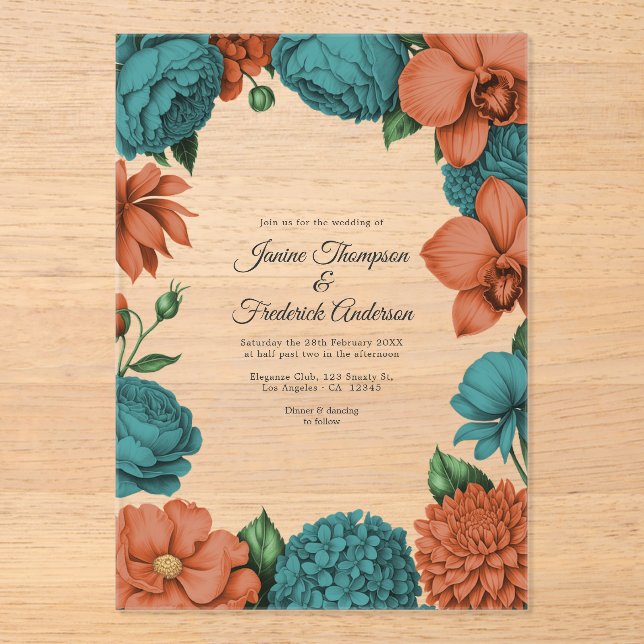 Invitations En Acrylique Teal & Coral Modern Botanical Wedding (Recto)