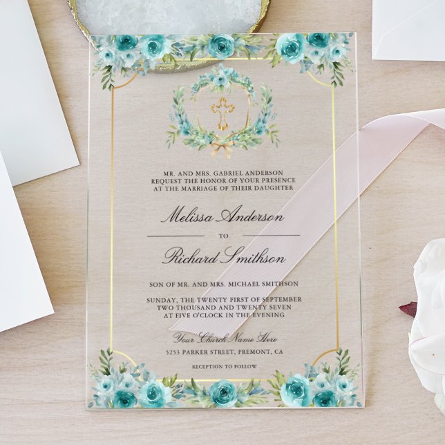 Invitations En Acrylique Teal Floral Gold Catholic Cross Wedding (Créateur téléchargé)