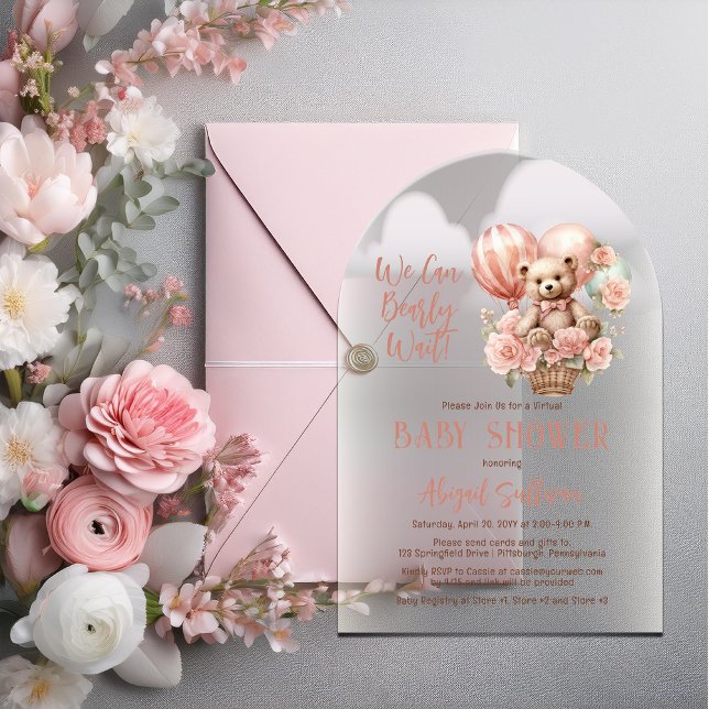 Invitations En Acrylique Teddy Bear Balloons Girl Baby shower virtuel (Teddy Bear and Balloons "We Can Bearly Wait" Girl Virtual Baby Shower Acrylic Invitation)
