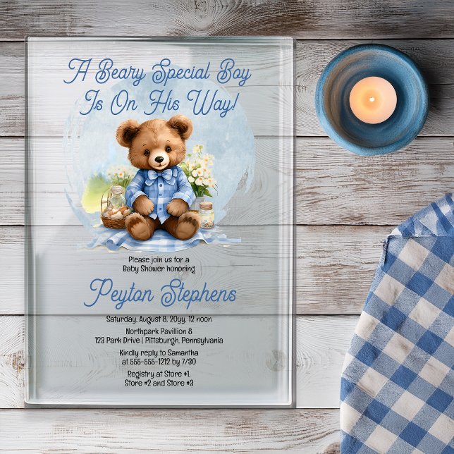 Invitations En Acrylique Teddy Bear Pique-nique Beary Baby shower spécial g ("A Beary Special Boy Is On His Way!" Cute Teddy Bear Picnic Boy Baby Shower Acrylic Invitation)
