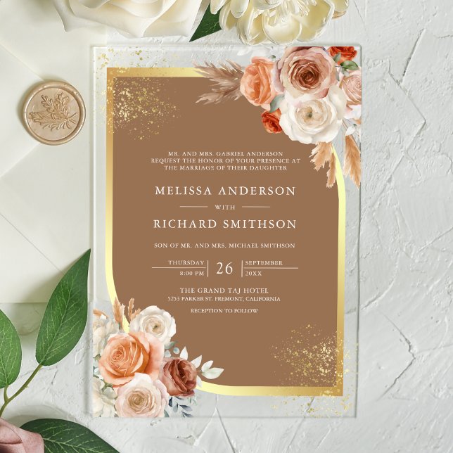 Invitations En Acrylique Terracotta Floral Beige Gold Wedding (Créateur téléchargé)