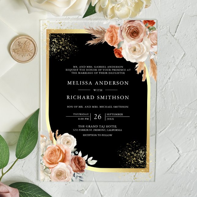 Invitations En Acrylique Terracotta Floral Black Gold Wedding (Créateur téléchargé)