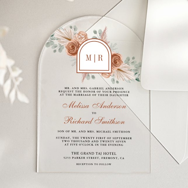 Invitations En Acrylique Terracotta Floral Boho Pampas Burnt Orange Wedding (Créateur téléchargé)