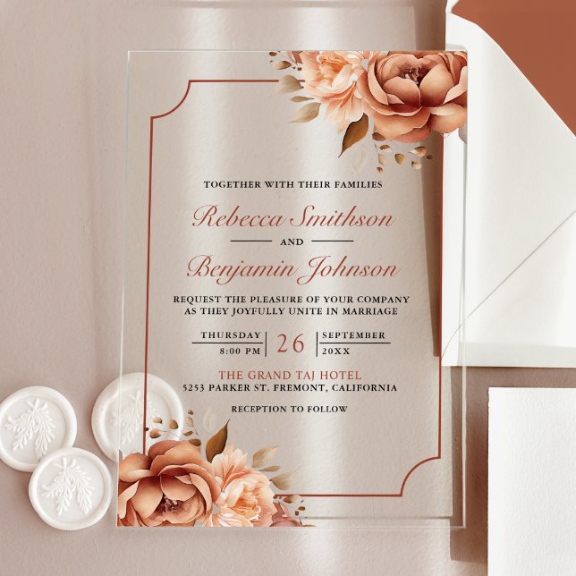 Invitations En Acrylique Terracotta Floral Border Wedding (Créateur téléchargé)