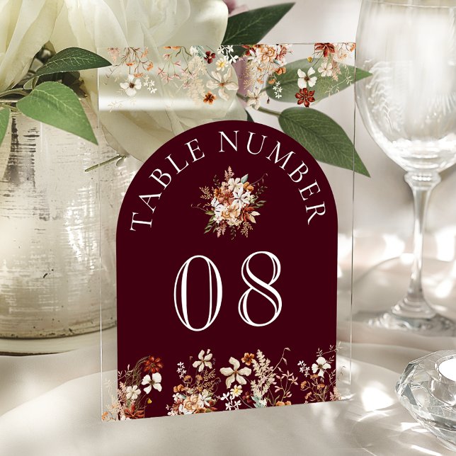 Invitations En Acrylique Terracotta Floral Burgundy Acrylic Table Number (Créateur téléchargé)