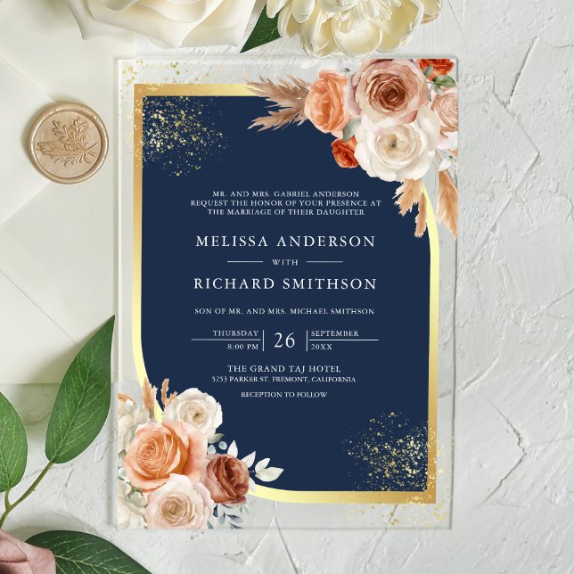 Invitations En Acrylique Terracotta Floral Navy Blue Gold Wedding (Créateur téléchargé)