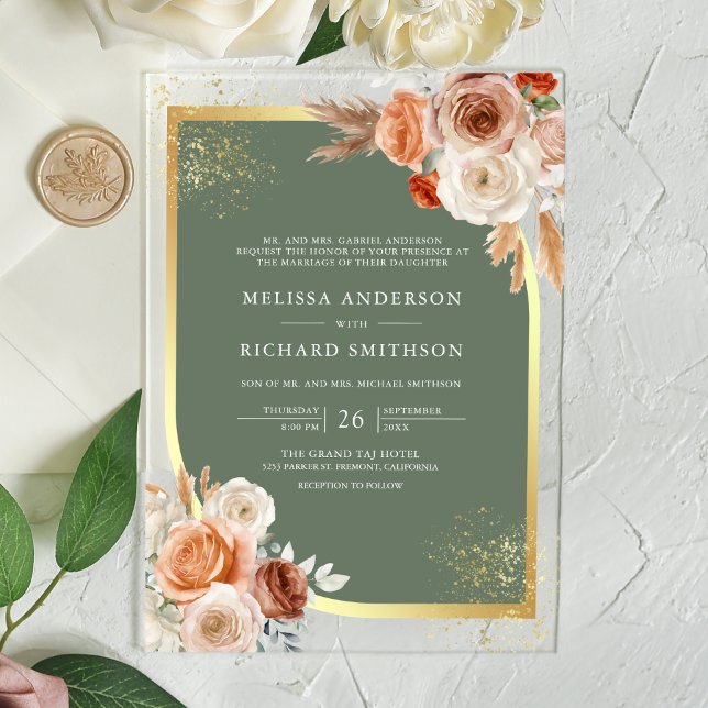 Invitations En Acrylique Terracotta Floral Sage Green Gold Wedding (Créateur téléchargé)