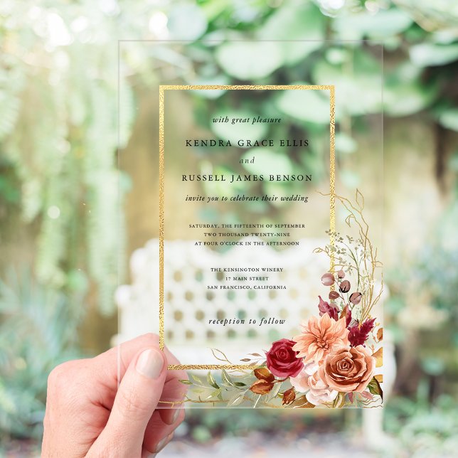Invitations En Acrylique Terracotta Florale Automne Doré (Créateur téléchargé)
