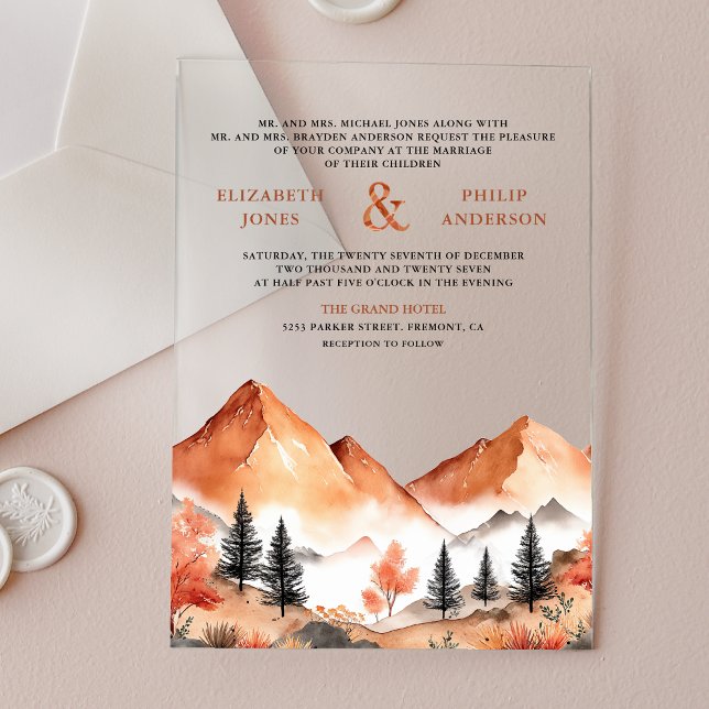 Invitations En Acrylique Terracotta Mountain Forest Wedding (Créateur téléchargé)