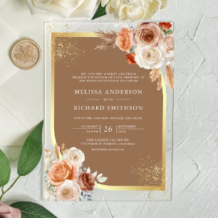 Invitations En Acrylique Terre cuite Floral Beige Or Mariage