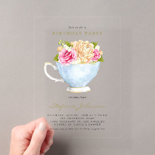 Invitations En Acrylique Thé Party d'anniversaire botanique à la tasse de t