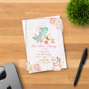 Invitations En Acrylique Thé-Rex Tutu Fête Dinosaure Fille Rose 3ème Annive