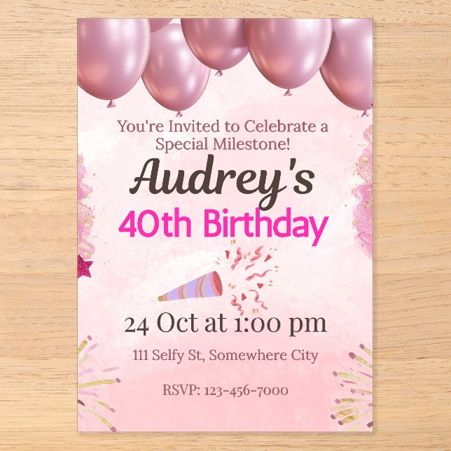 Invitations En Acrylique Thème 40e anniversaire rose (Recto)