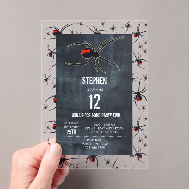 Invitations En Acrylique Thème de fête d'anniversaire Red & Black Spider (In situ (ordinateur de poche))