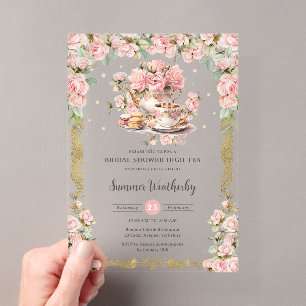 Invitations En Acrylique Thème de fête de thé floral rose vintage pour ente