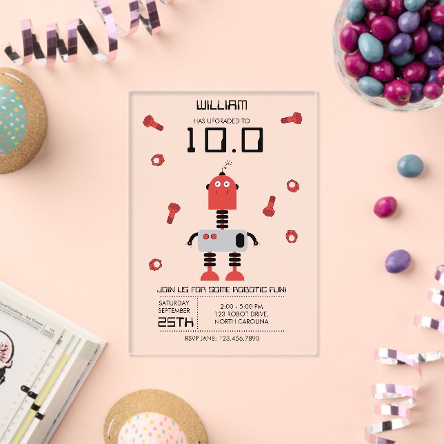 Invitations En Acrylique Thème de robot rouge mignon pour l'anniversaire de (Insitu (Célébration))