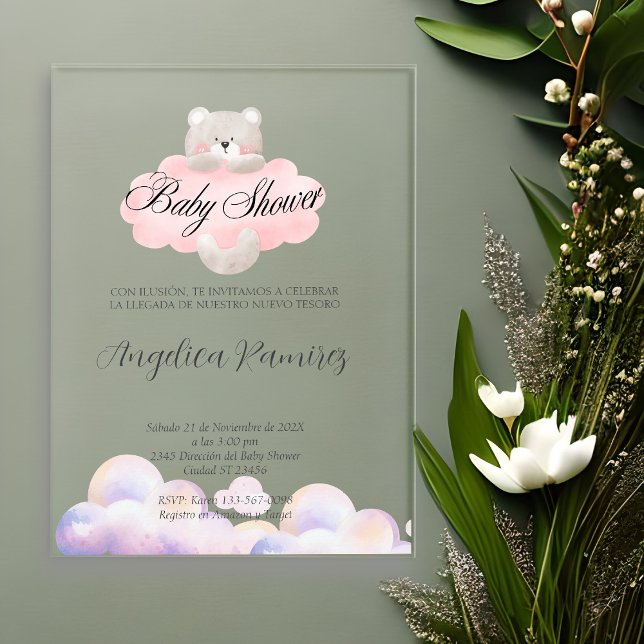 Invitations En Acrylique Thème d'ours de fête prénatale espagnole Cloud Cad (Spanish Baby Shower Bear Theme Cloud Gift Registry Acrylic Invitations)