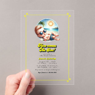 Invitations En Acrylique Thème Rétro Plage Voici venir le Fils Baby Shower