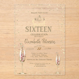 Invitations En Acrylique Tiara en or,Verres à champagne en diamants Sweet 1
