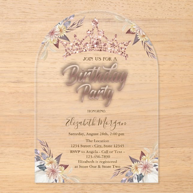 Invitations En Acrylique Tiara Stars Fleurs Rose Gold Anniversaire (Recto)