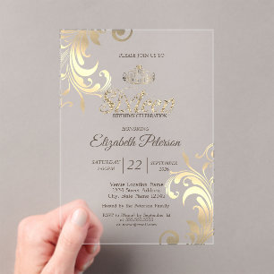Invitations En Acrylique Tiare Élégant avec Tourbillons Dorés Douce 16