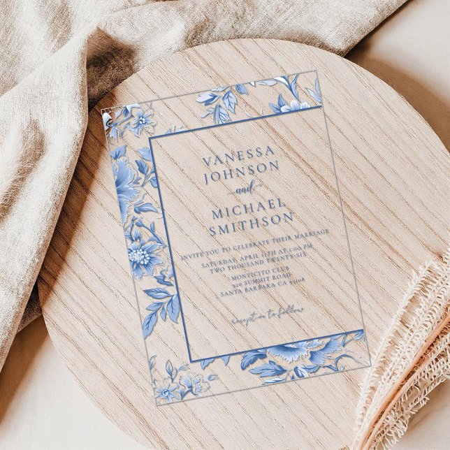 Invitations En Acrylique Toile Bleu Floral De Jouy (Créateur téléchargé)