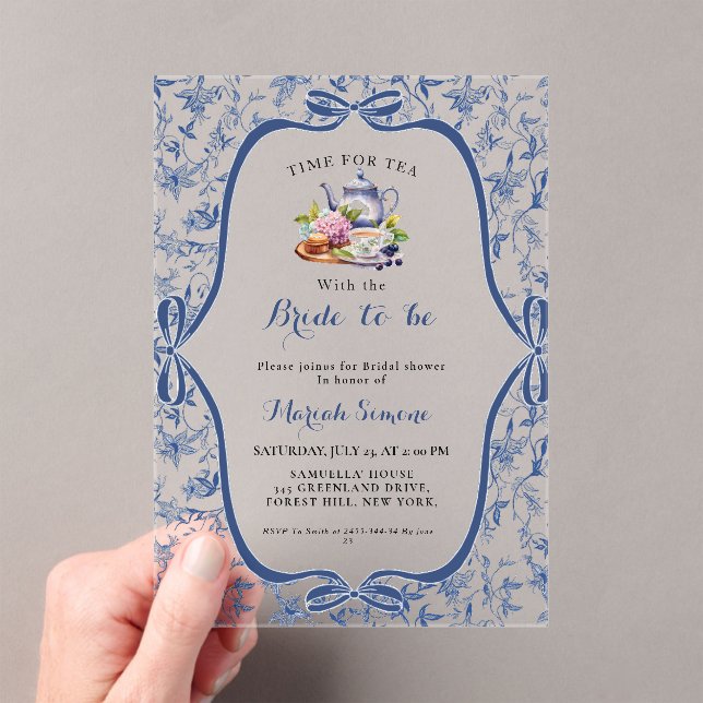 Invitations En Acrylique Toile bleue de jouy Tea Party Douche nuptiale (In situ (ordinateur de poche))