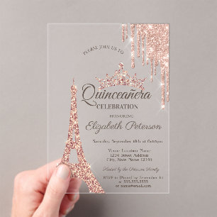 Invitations En Acrylique Tour Eiffel de Paris, Rose Gold en Goutte Quinceañ