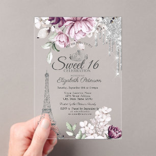 Invitations En Acrylique Tour Eiffel,Fleurs de lilas Douce 16  