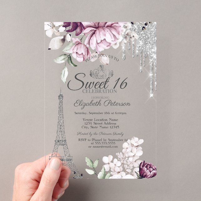Invitations En Acrylique Tour Eiffel,Fleurs de lilas Douce 16   (In situ (ordinateur de poche))