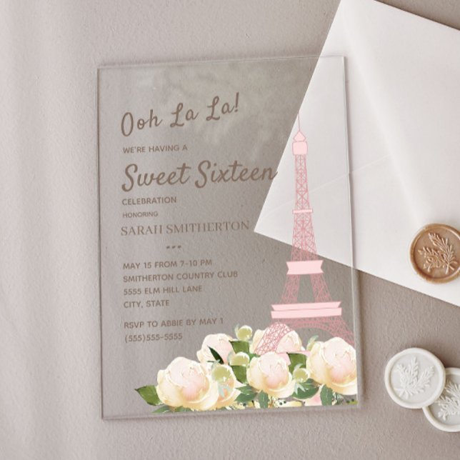 Invitations En Acrylique Tour Eiffel rose vif Blanc Floral Sweet 16 (Paris / Eiffel Tower acrylic Sweet 16 birthday party invitation)