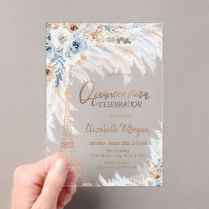 Invitations En Acrylique Tour Eiffel Roses bleues Herbe de Pampas Quinceane