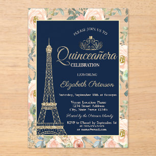 Invitations En Acrylique Tour Eiffel,Tiare,Roses Quinceañera Bleu Marine