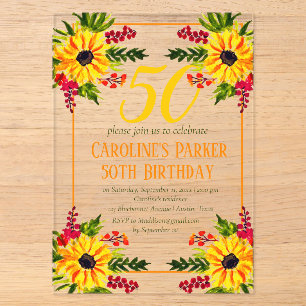 Invitations En Acrylique Tournesol 50e Anniversaire Fleurs Jaunes Adulte
