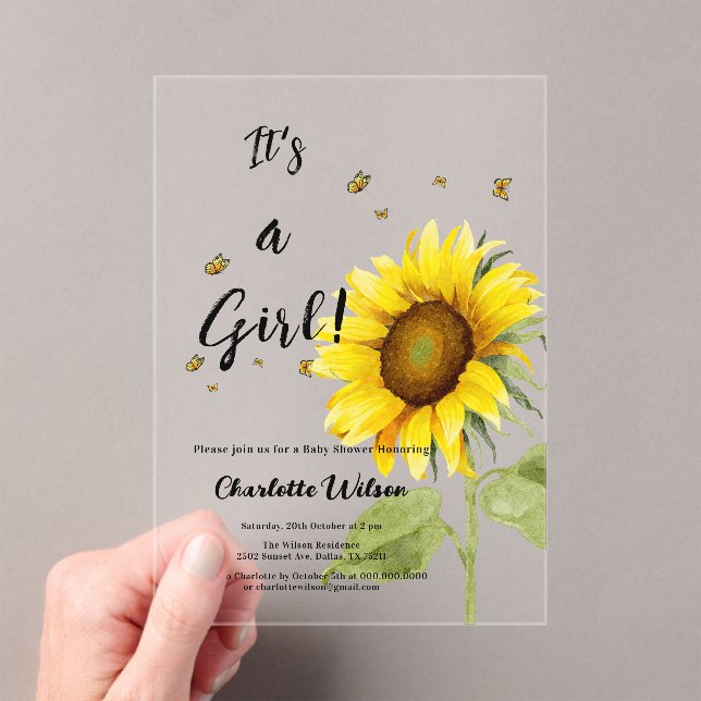 Invitations En Acrylique Tournesol d'aquarelle avec Baby shower de papillon (In situ (ordinateur de poche))