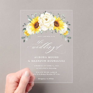Invitations En Acrylique Tournesol ivoire pivoine Floral Eucalyptus Mariage