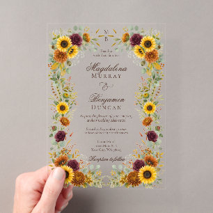 Invitations En Acrylique Tournesol Roses Bourgogne Rouille Mariage Floral A