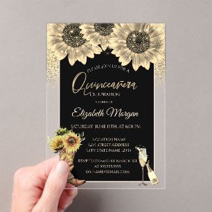 Invitations En Acrylique Tournesols Pailletés Or, Quinceanera Rose Doré