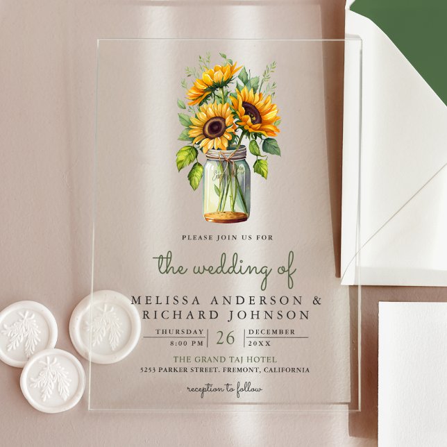 Invitations En Acrylique Tournesols Rustiques Mariage dans un Pot Mason (Créateur téléchargé)