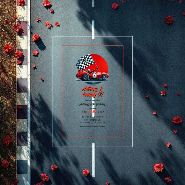 Invitations En Acrylique Tout âge Personnalisable Voiture de course Anniver (Any Age Customizable Race Car Birthday Party Acrylic Invitation)