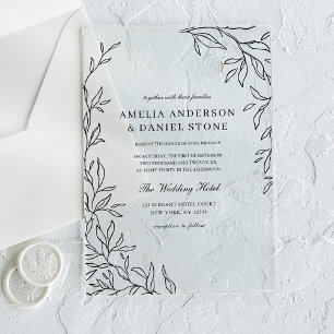Invitations En Acrylique Tout en un noir minimaliste Mariage feuille