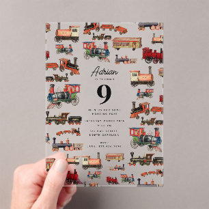 Invitations En Acrylique Train Jouet vintage Trains colorés Fête d'annivers