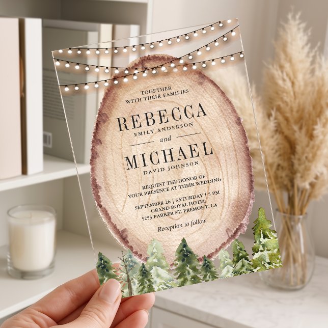 Invitations En Acrylique Tranche de bois de mariage forêt de pins rustique (Créateur téléchargé)