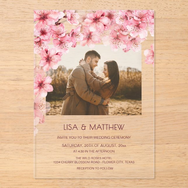 Invitations En Acrylique  Transparent Cherry Blossom Photo Wedding (Recto)