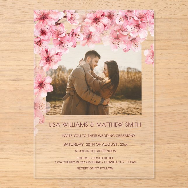 Invitations En Acrylique  Transparent Cherry Blossom Photo Wedding (Recto)