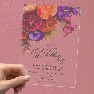 Invitations En Acrylique Transparent Elegant Moody Vibrant Floral Mariage