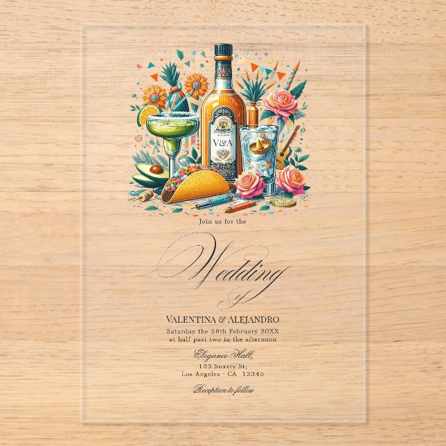 Invitations En Acrylique Transparent mexicaine Fiesta Tequila & Tacos Maria (Recto)