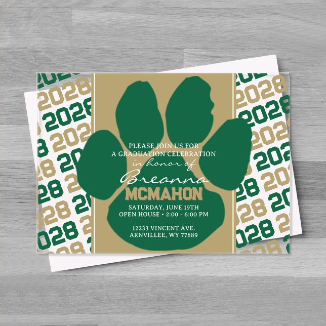 Invitations En Acrylique Trendy Green & Gold Graduation Pawprint Clear (Bronze Gold, Green and White Frosted Acrylic Pawprint Graduation Invitation)