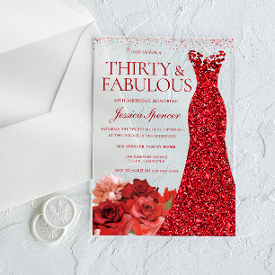Invitations En Acrylique Trente ans et fabuleux ! Robe rouge pour la fête d