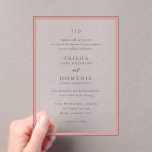 Invitations En Acrylique Trisha Coral rose Mariage moderne<br><div class="desc">Invitations de mariage modernes avec un design propre avec des polices serif et script.</div>